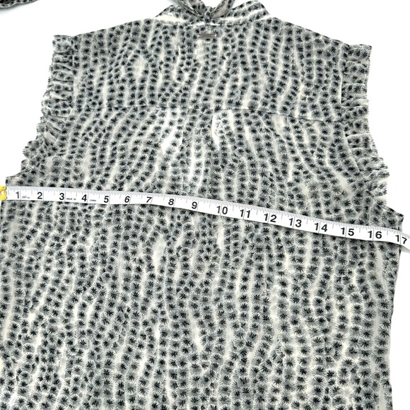 GUESS Sheer Paisley Tuxedo Pleated Ruffle Cap Sleeve Neck-tie Button Down Shirt - Picture 6 of 11